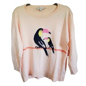 LOFT Ann Taylor Womens Sweater Large Peach Toucan Bird‎ Cotton Blend 3/4 Sleeve